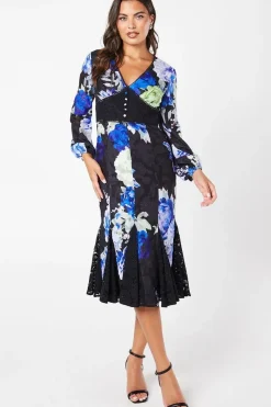 Printed Lace Long Sleeve Midi Wedding Guest Dress