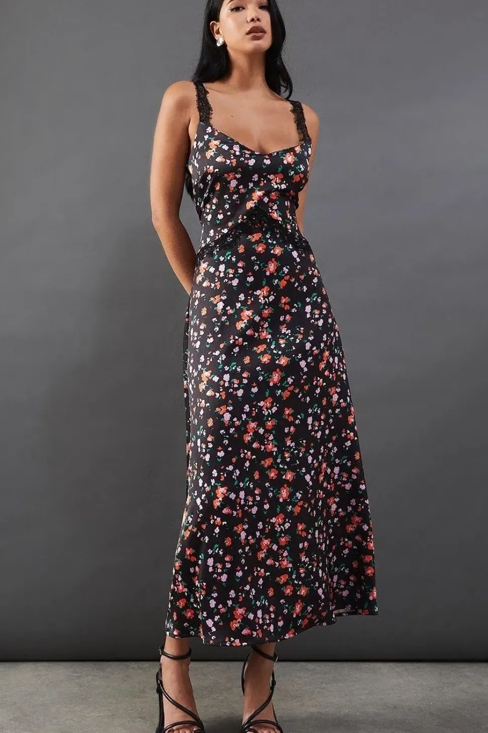 Printed Lace Panelling Satin Midi Dress