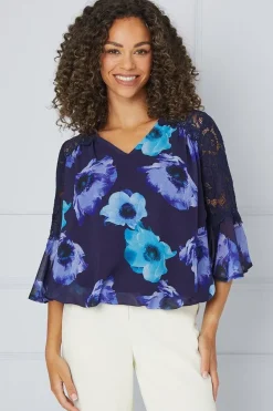 Printed Lace Trim Flute Sleeve Blouse