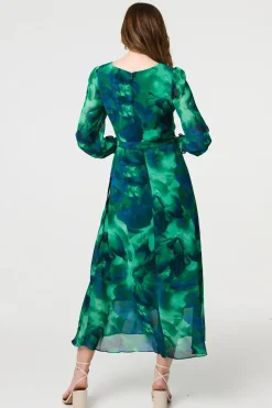 Printed Long Sleeve Chiffon Midi Dress