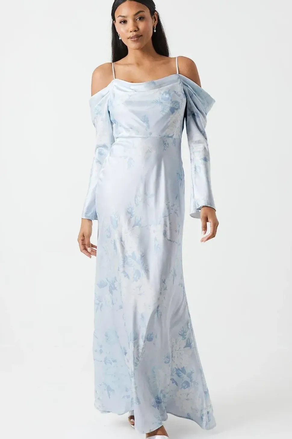 Printed Long Sleeve Cowl Bridesmaid Dress