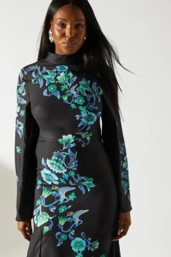 Printed Long Sleeve High Neck Midi Dress