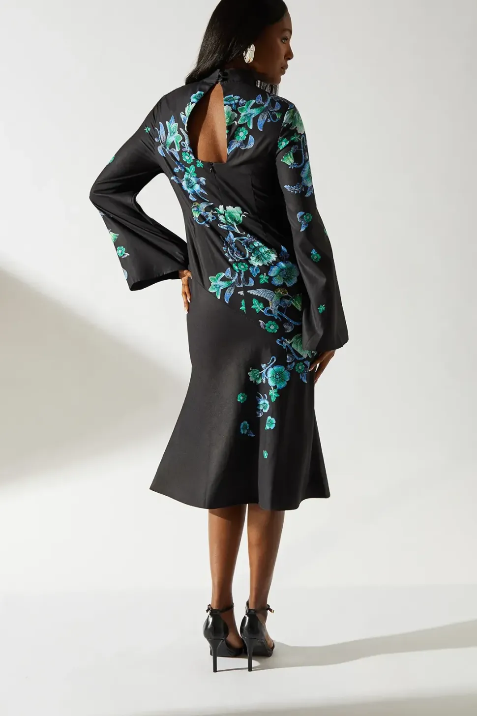 Printed Long Sleeve High Neck Midi Dress
