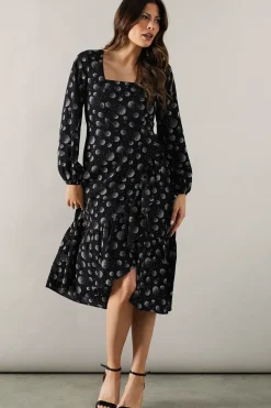 Printed Long Sleeve Ruffle Detail Midi Dress