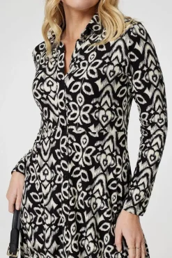 Printed Long Sleeve Short Shirt Dress
