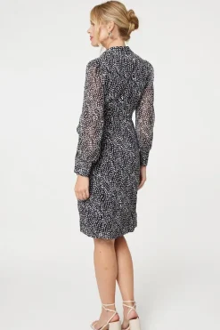 Printed Long Sleeve Wrap Front Short Dress