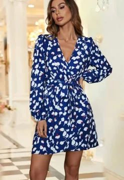 Printed Long Sleeve Wrap Top Mini Dress