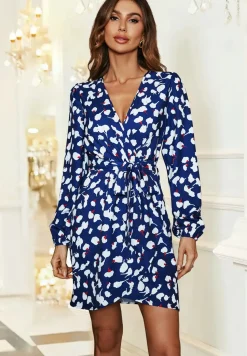 Printed Long Sleeve Wrap Top Mini Dress