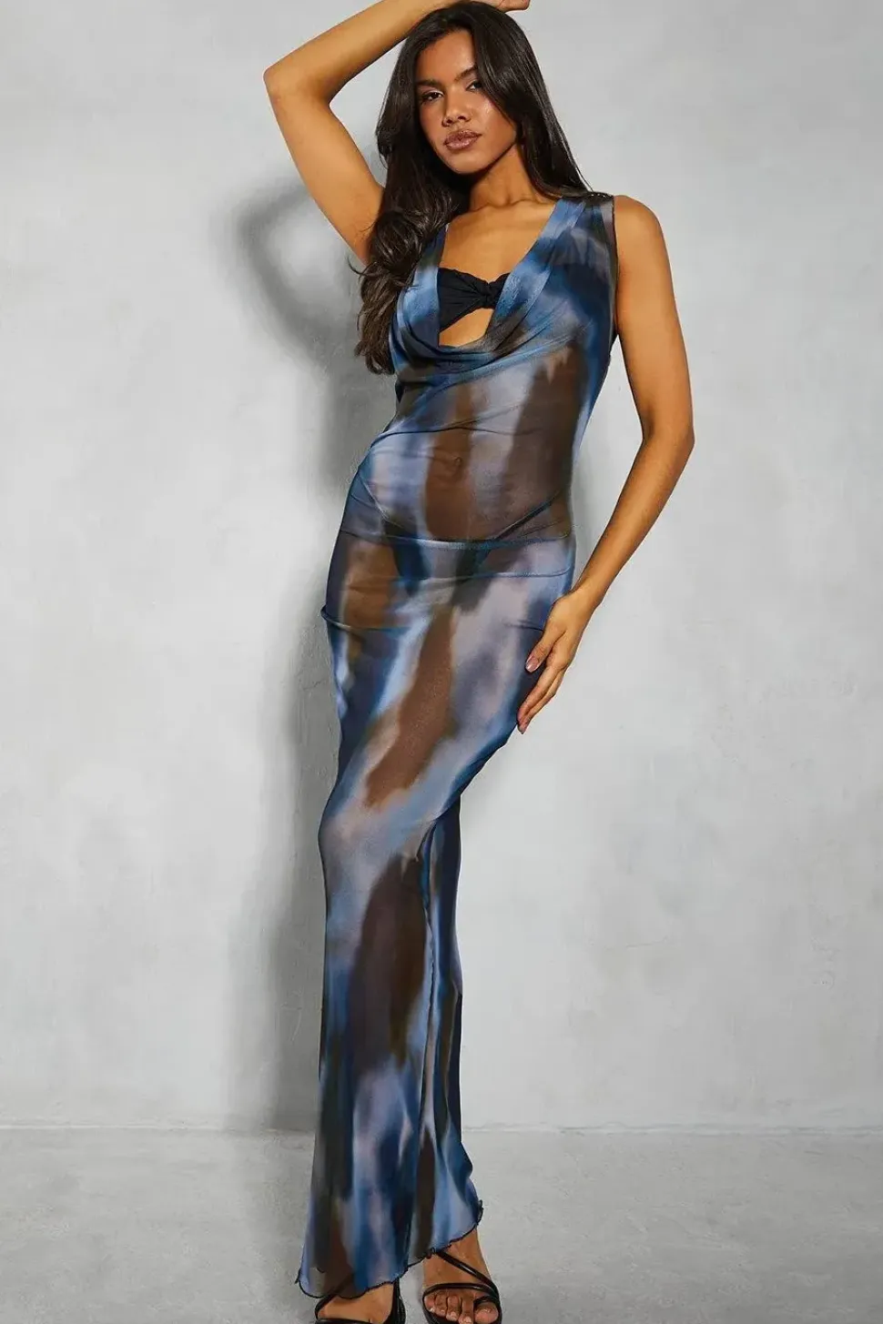 Printed Mesh Cowl Neck Maxi Slip Dress
