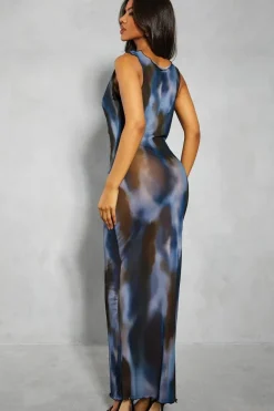 Printed Mesh Cowl Neck Maxi Slip Dress