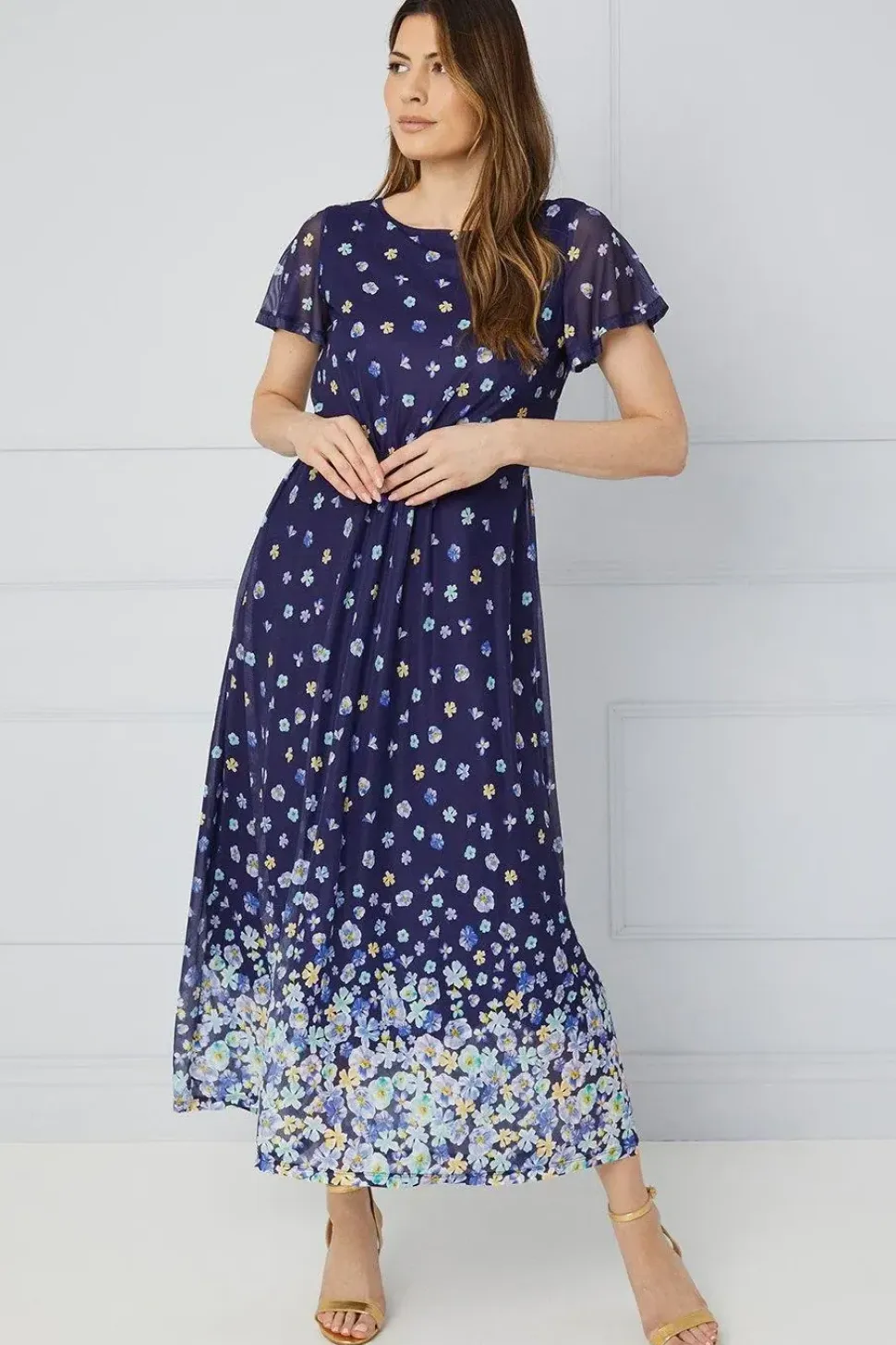 Printed Mesh High Low Midaxi Dress