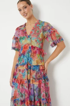 Printed Mesh Ruffle Midi Dress