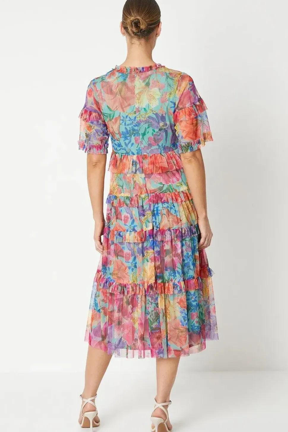 Printed Mesh Ruffle Midi Dress