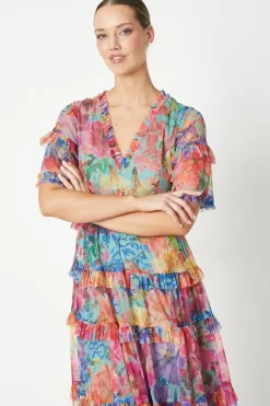 Printed Mesh Ruffle Midi Dress