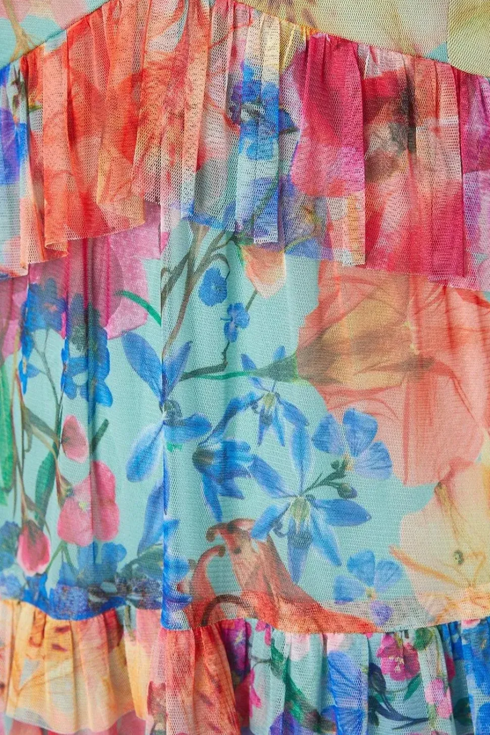 Printed Mesh Ruffle Midi Dress