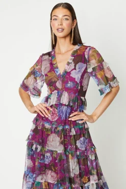 Printed Mesh Ruffle Midi Dress