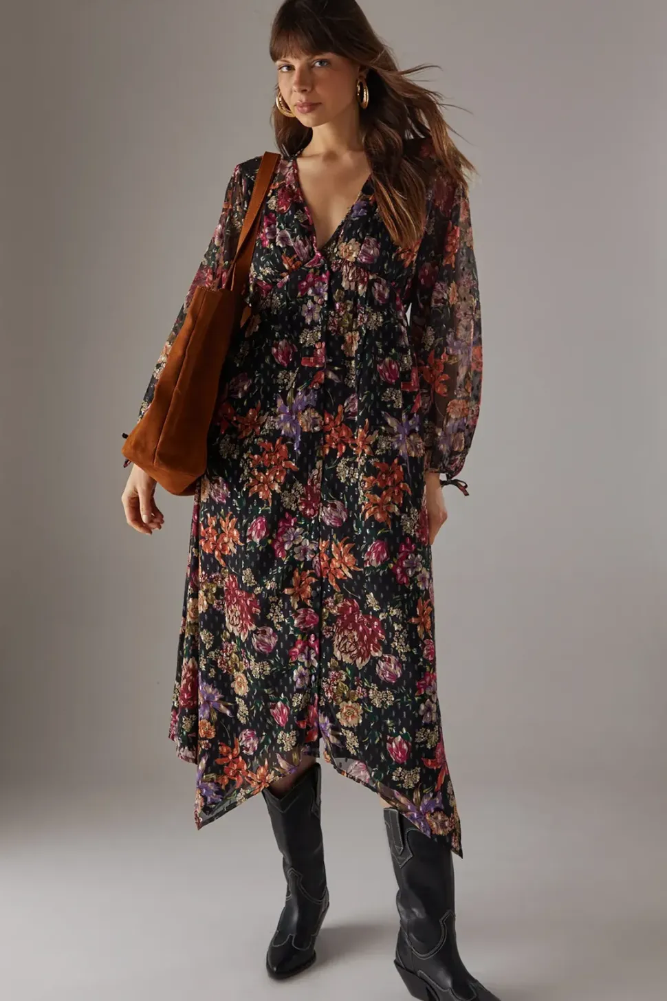 Printed Metallic Chiffon Hanky Hem Midi Dress