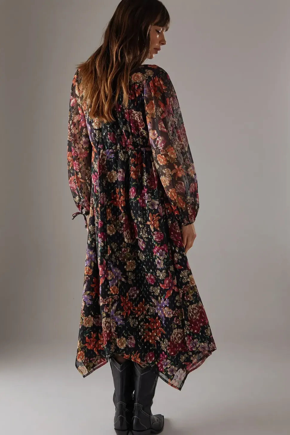 Printed Metallic Chiffon Hanky Hem Midi Dress