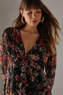 Printed Metallic Chiffon Hanky Hem Midi Dress