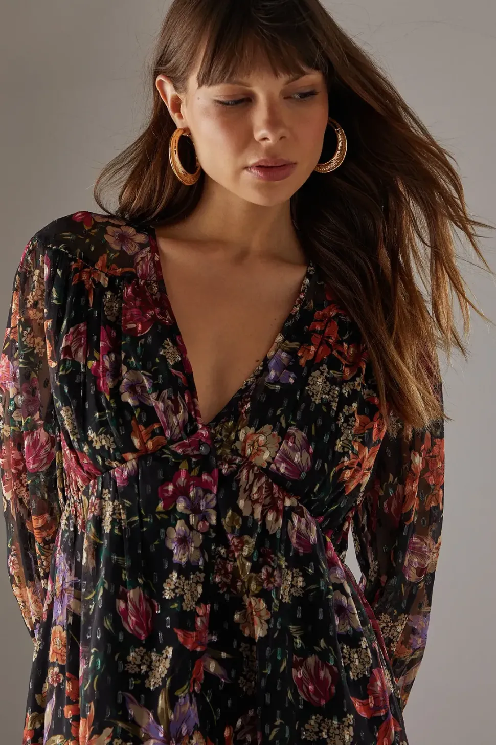 Printed Metallic Chiffon Hanky Hem Midi Dress