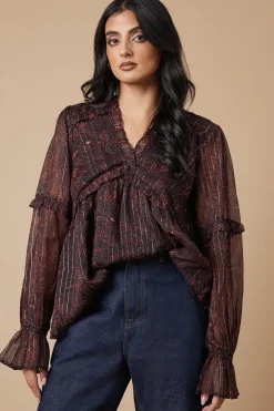 Printed Metallic Chiffon Ruffle Detail Blouse