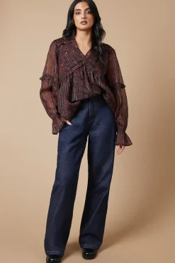 Printed Metallic Chiffon Ruffle Detail Blouse