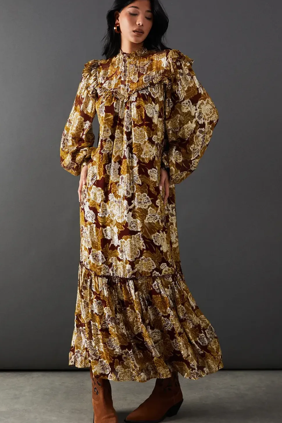 Printed Metallic Jacquard Frill Yoke Tier Hem Midi Dress