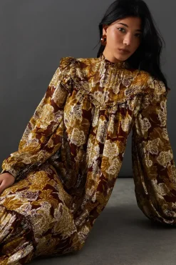 Printed Metallic Jacquard Frill Yoke Tier Hem Midi Dress