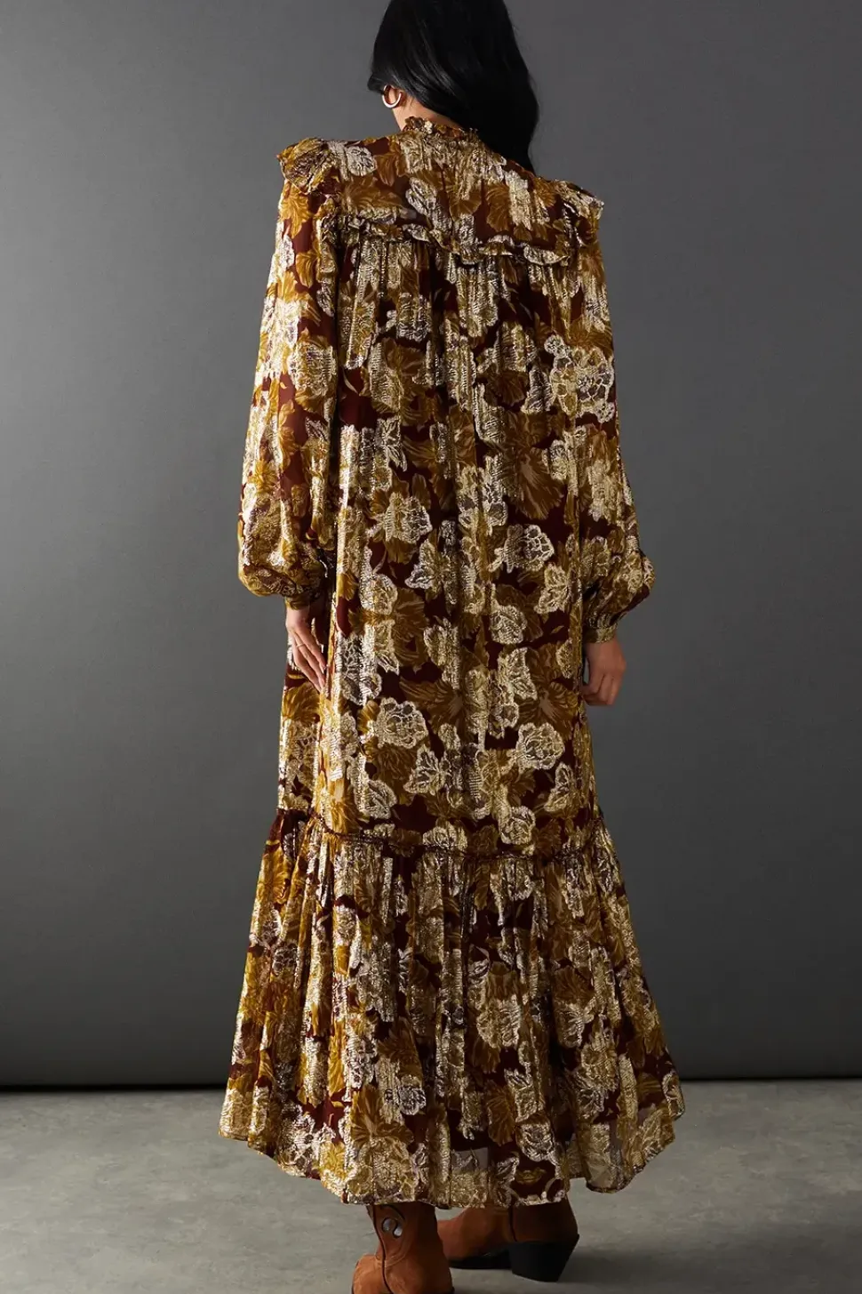 Printed Metallic Jacquard Frill Yoke Tier Hem Midi Dress