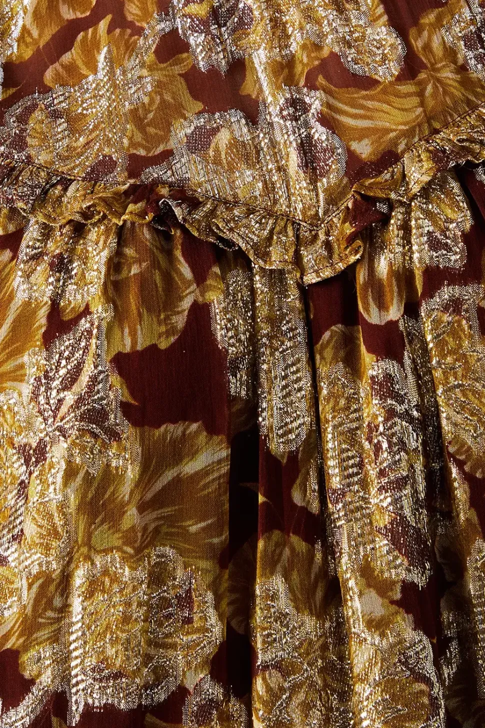 Printed Metallic Jacquard Frill Yoke Tier Hem Midi Dress