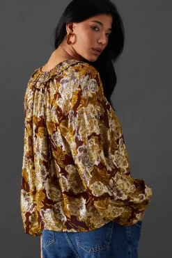Printed Metallic Jacquard Tie Neck Frill Collar Blouse