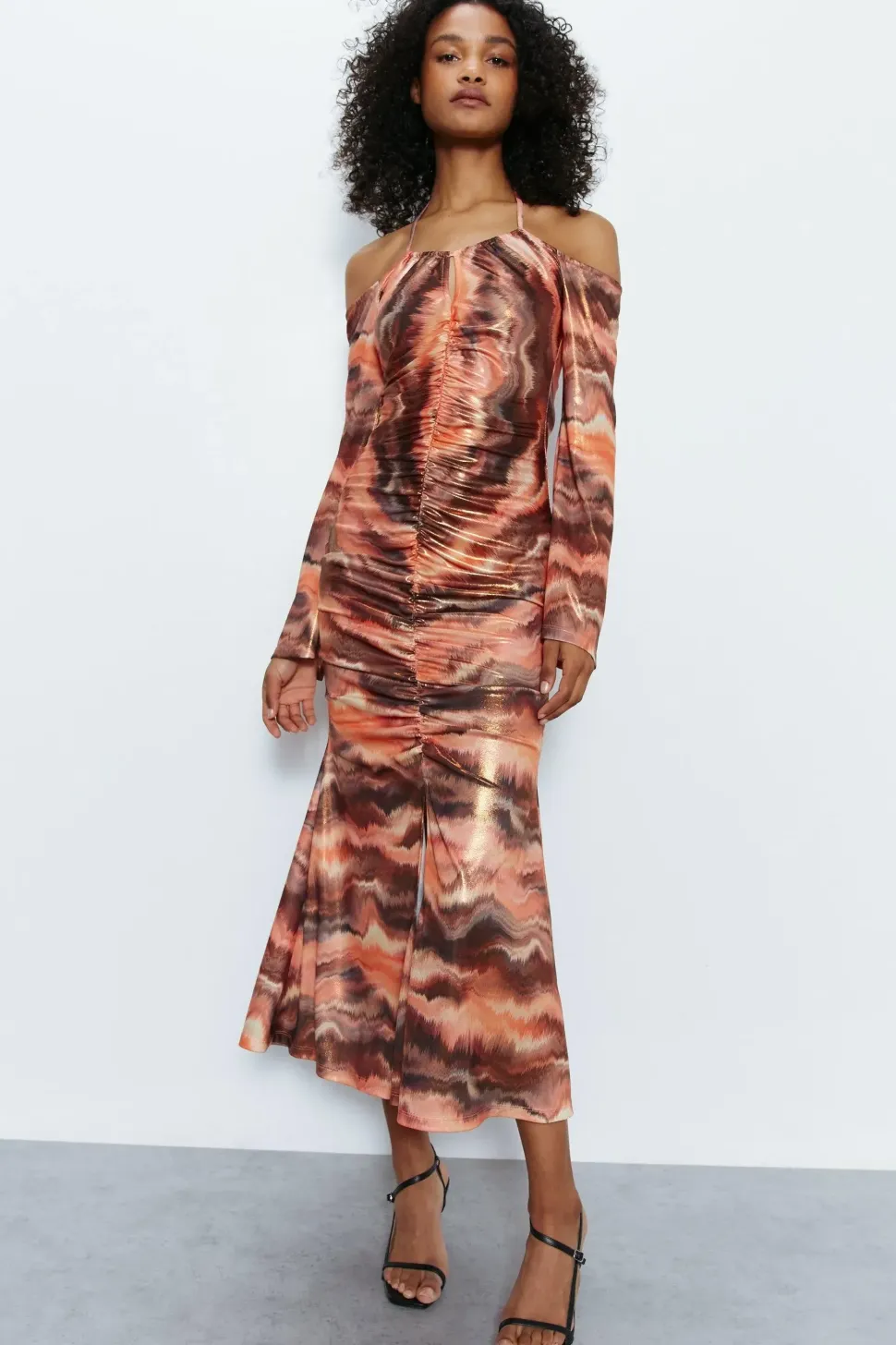Printed Metallic Ruche Front Dress