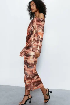 Printed Metallic Ruche Front Dress