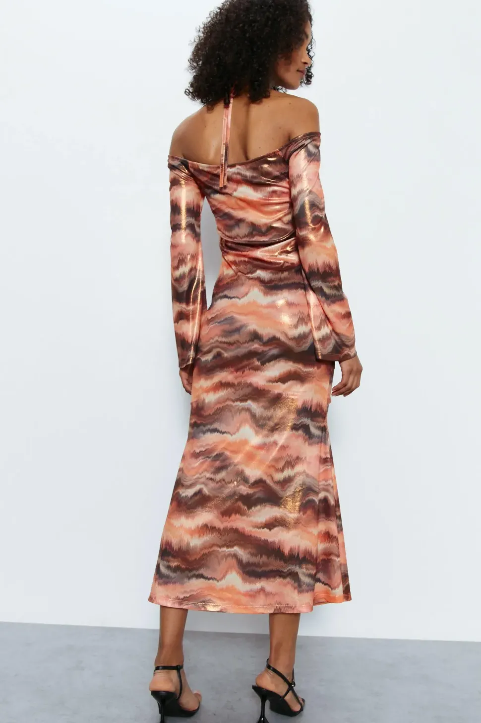 Printed Metallic Ruche Front Dress