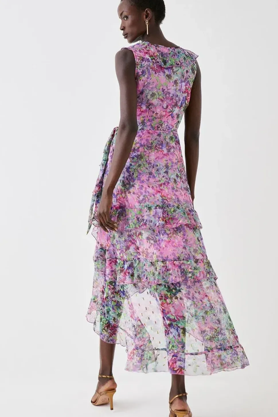 Printed Metallic Ruffle Detail Wrap Dress