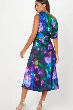 Printed One Shoulder Midi Wedding Guest Dress
