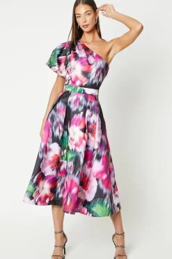 Printed One Shoulder Puff Sleeve Midi Dress