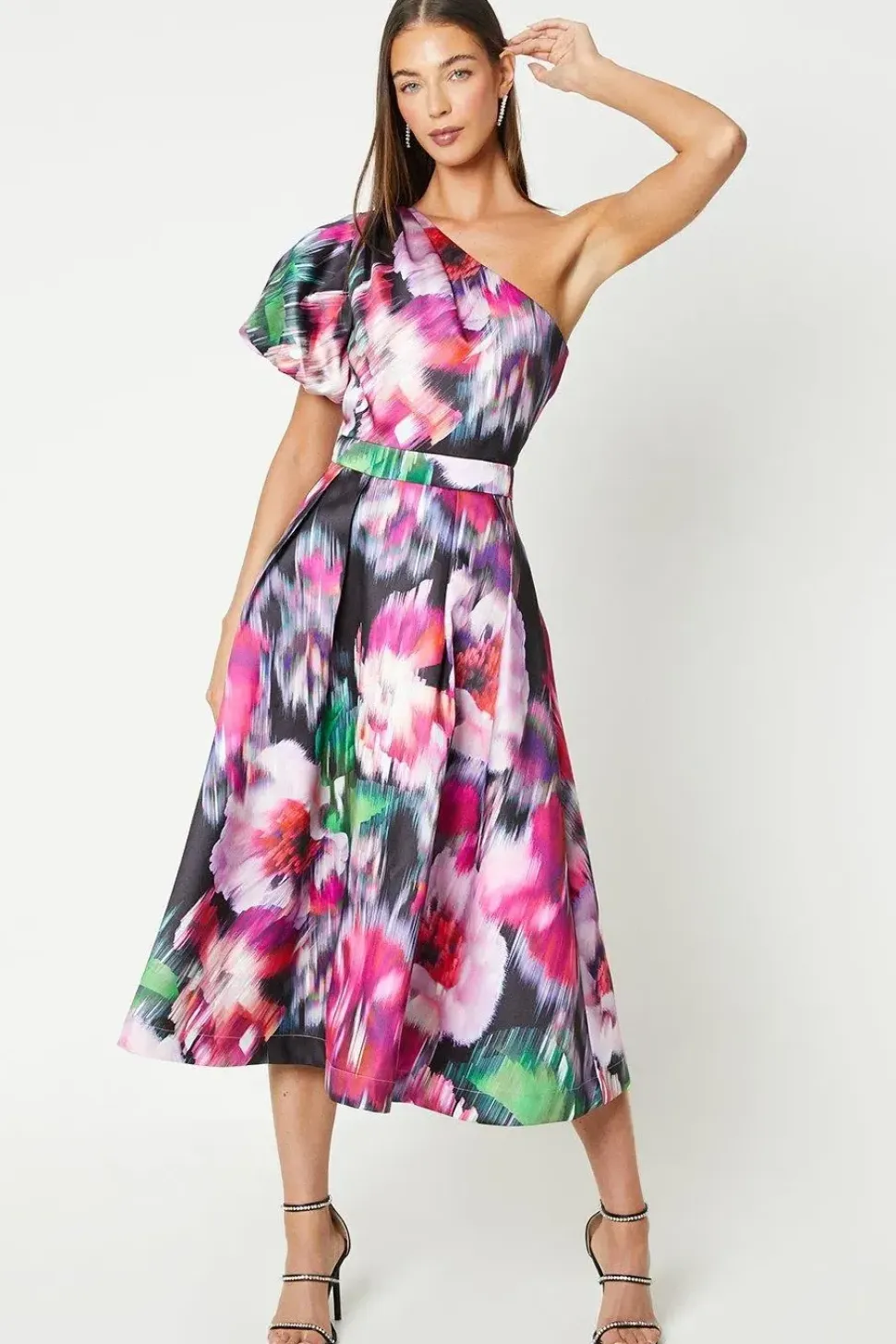 Printed One Shoulder Puff Sleeve Midi Dress