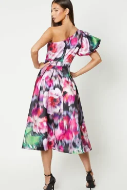 Printed One Shoulder Puff Sleeve Midi Dress