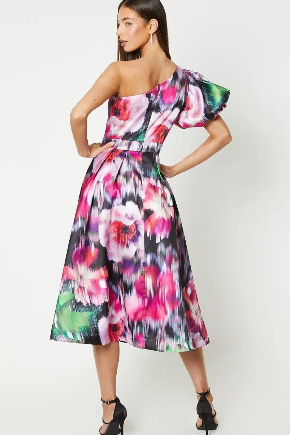 Printed One Shoulder Puff Sleeve Midi Dress