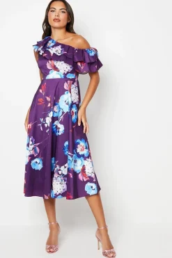 Printed One Shoulder Ruffle Midi Dress