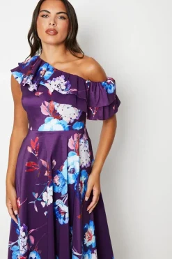 Printed One Shoulder Ruffle Midi Dress