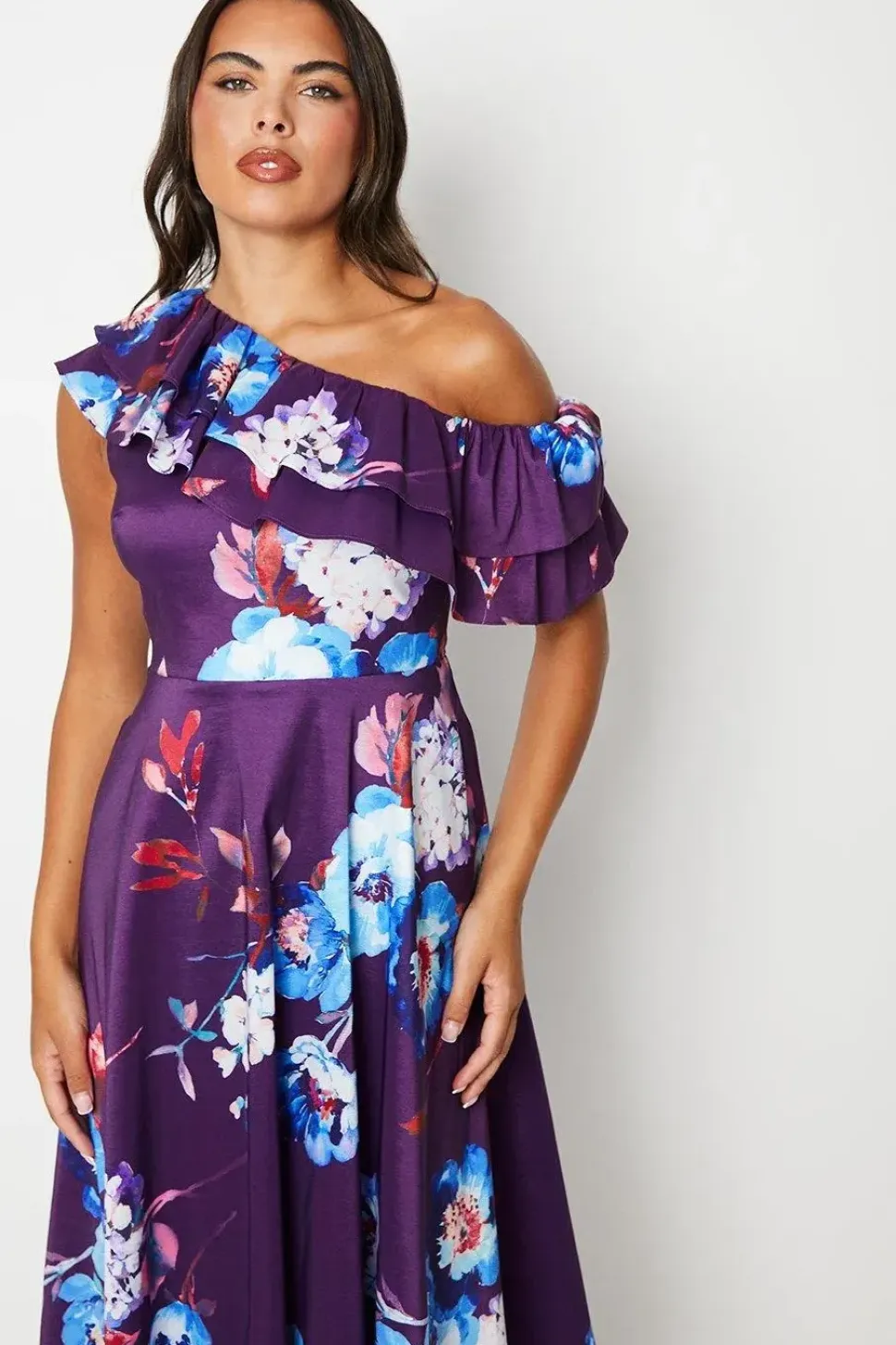 Printed One Shoulder Ruffle Midi Dress