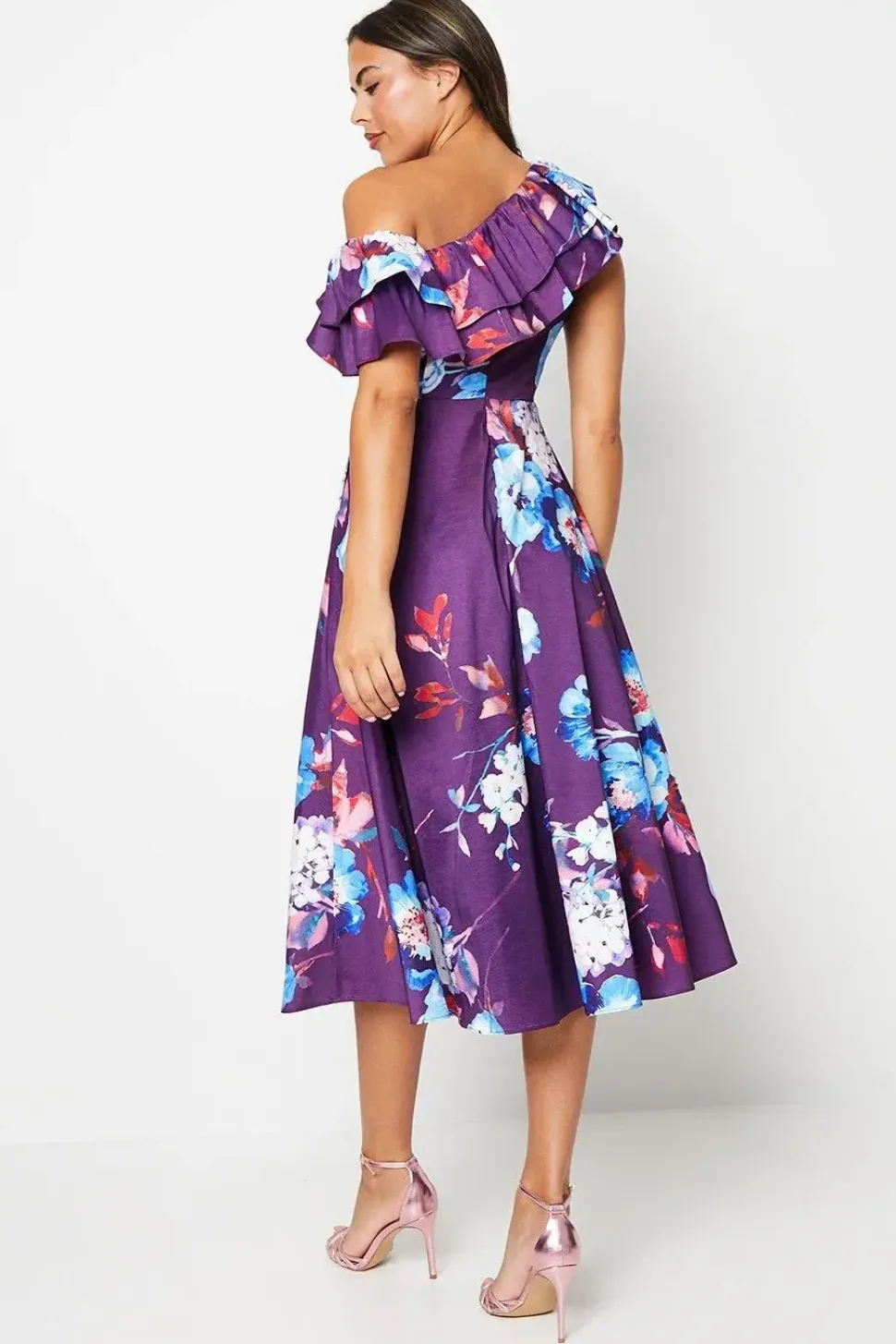 Printed One Shoulder Ruffle Midi Dress