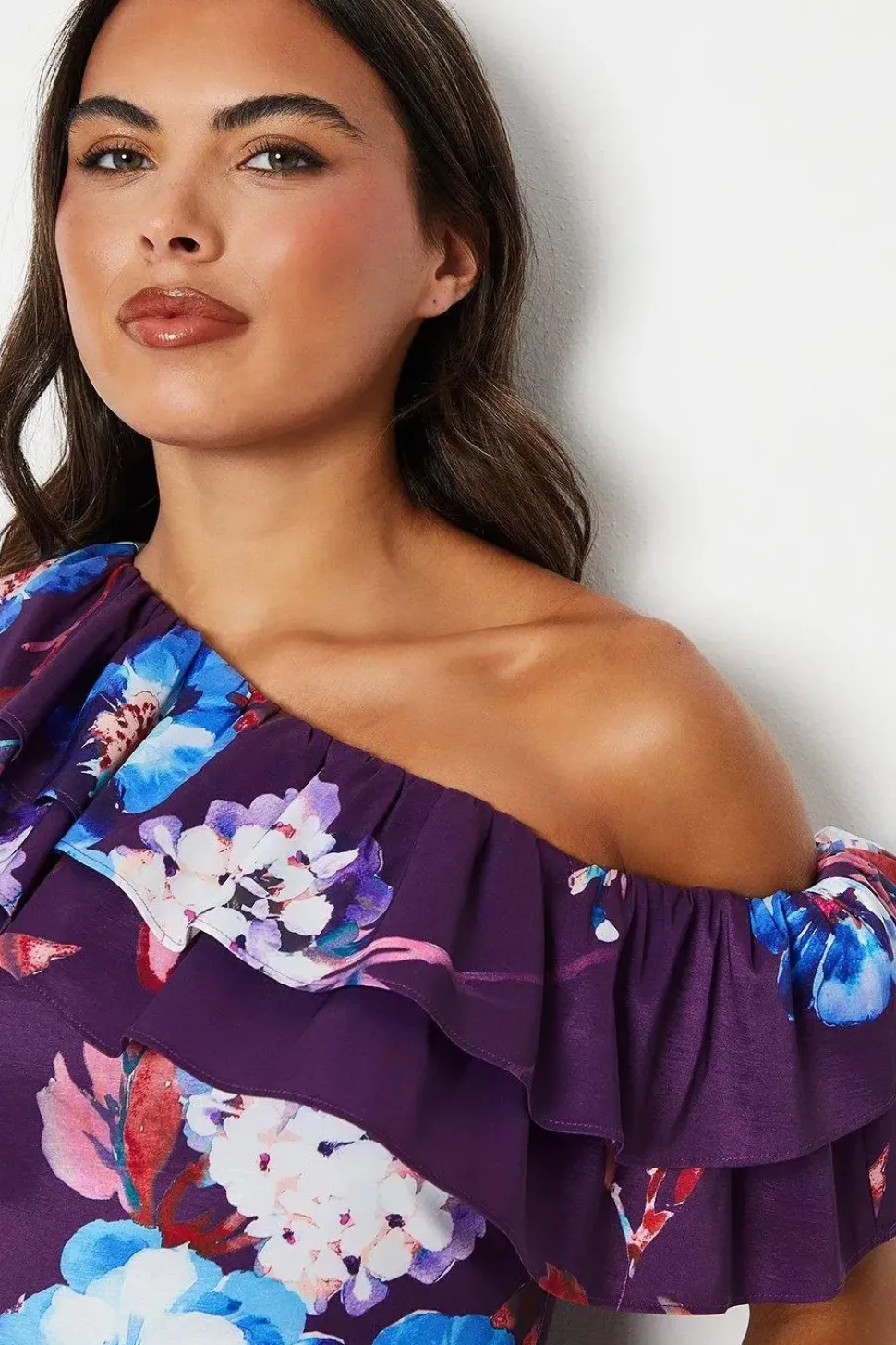 Printed One Shoulder Ruffle Midi Dress