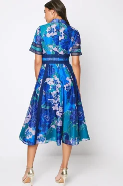 Printed Organza Lace Trim Mix Shirt Dress