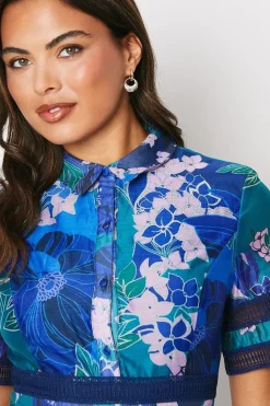 Printed Organza Lace Trim Mix Shirt Dress