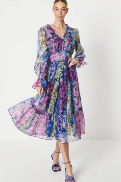 Printed Organza Layer Midi Dress