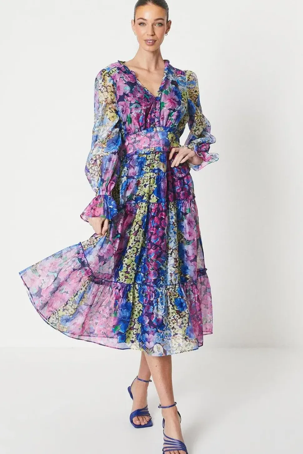 Printed Organza Layer Midi Dress