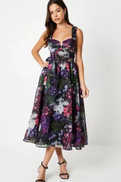 Printed Organza Notch Neck Midi Wedding Guest Dress